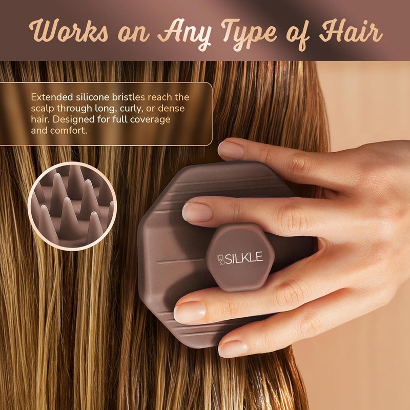 SILKLE Scalp Massager Shampoo Brush – Silicone Scalp Scrubber for Hair Growth & Dandruff Removal, One-Piece, Non-Slip Handle, Soft Bristles, Wet/Dry Shower Scalp Exfoliator for All Hair Types – Brown - Image 3